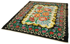 Moldovian Floral Black Floral Cotton Wool Goat Hair Handmade Rug 5'11'' x 6'11''