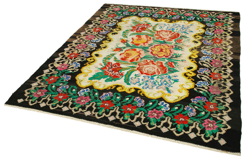 Moldovian Floral Black Floral Cotton Wool Goat Hair Handmade Rug 5'11'' x 6'11''