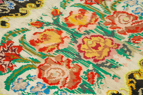 Moldovian Floral Black Floral Cotton Wool Goat Hair Handmade Rug 5'11'' x 6'11''