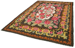 Moldovian Floral Black Floral Cotton Wool Goat Hair Handmade Rug 7'2'' x 10'8''