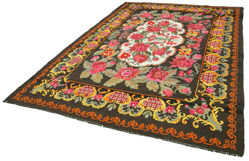 Moldovian Floral Black Floral Cotton Wool Goat Hair Handmade Rug 7'2'' x 10'8''