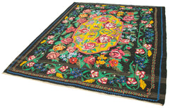 Moldovian Floral Black Floral Cotton Wool Goat Hair Handmade Rug 6'6'' x 7'7''