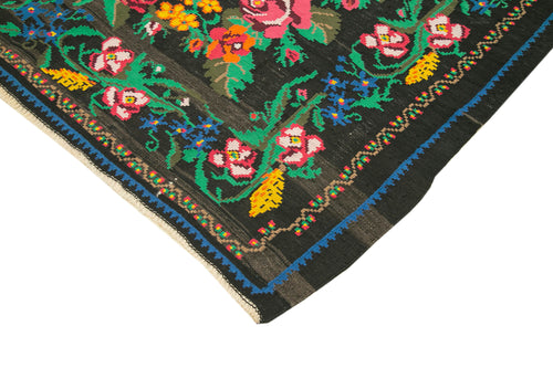 Moldovian Floral Black Floral Cotton Wool Goat Hair Handmade Rug 6'6'' x 7'7''