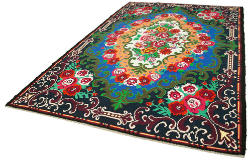 Moldovian Floral Black Floral Cotton Wool Goat Hair Handmade Rug 7'1'' x 11'0''