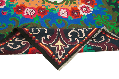 Moldovian Floral Black Floral Cotton Wool Goat Hair Handmade Rug 7'1'' x 11'0''