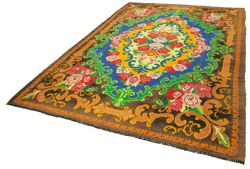 Moldovian Floral Brown Floral Cotton Wool Goat Hair Handmade Rug 6'11'' x 10'3''