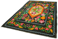 Moldovian Floral Black Floral Cotton Wool Goat Hair Handmade Rug 6'4'' x 10'2''