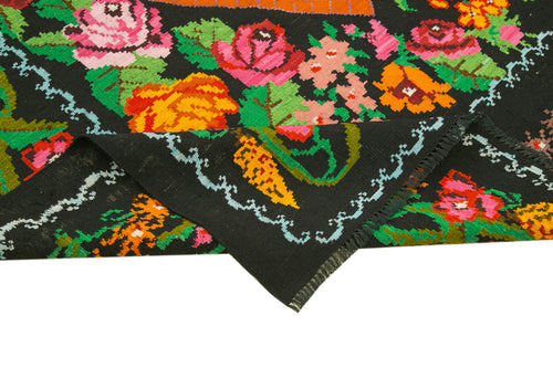 Moldovian Floral Black Floral Cotton Wool Goat Hair Handmade Rug 6'4'' x 10'2''