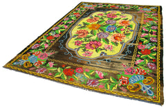 Moldovian Floral Black Floral Cotton Wool Goat Hair Handmade Rug 6'11'' x 9'5''