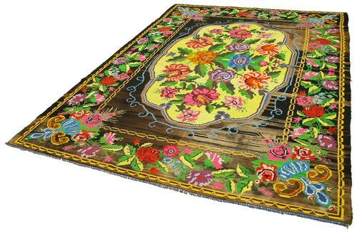 Moldovian Floral Black Floral Cotton Wool Goat Hair Handmade Rug 6'11'' x 9'5''