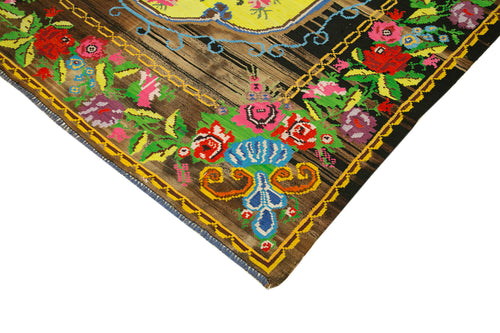 Moldovian Floral Black Floral Cotton Wool Goat Hair Handmade Rug 6'11'' x 9'5''