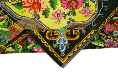 Moldovian Floral Black Floral Cotton Wool Goat Hair Handmade Rug 6'11'' x 9'5''