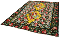 Moldovian Floral Black Floral Cotton Wool Goat Hair Handmade Rug 6'10'' x 9'3''