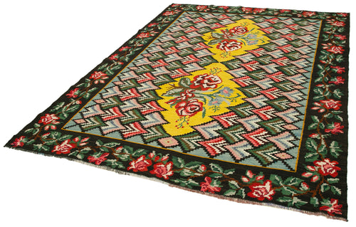 Moldovian Floral Black Floral Cotton Wool Goat Hair Handmade Rug 6'10'' x 9'3''