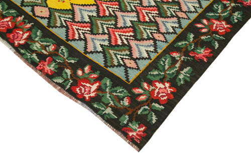 Moldovian Floral Black Floral Cotton Wool Goat Hair Handmade Rug 6'10'' x 9'3''