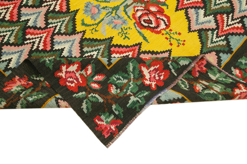 Moldovian Floral Black Floral Cotton Wool Goat Hair Handmade Rug 6'10'' x 9'3''