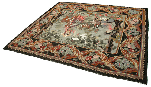 Moldovian Floral Black Floral Cotton Wool Goat Hair Handmade Rug 6'5'' x 7'0''