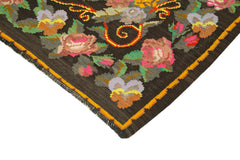 Moldovian Floral Black Floral Cotton Wool Goat Hair Handmade Rug 5'5'' x 6'1''