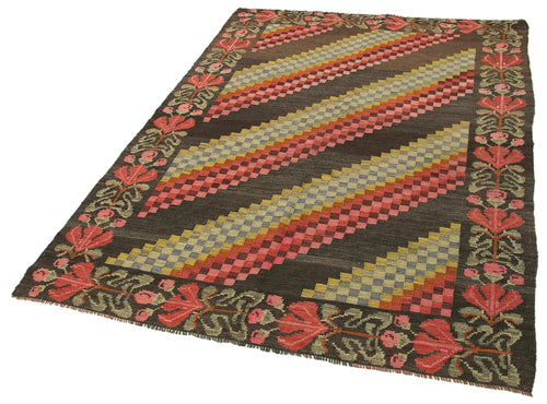 Moldovian Floral Brown Floral Cotton Wool Goat Hair Handmade Rug 4'6'' x 6'5''