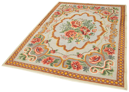 Moldovian Floral Beige Floral Cotton Wool Goat Hair Handmade Rug 5'2'' x 7'6''