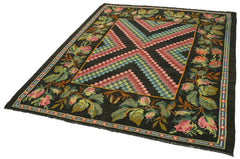 Moldovian Floral Black Floral Cotton Wool Goat Hair Handmade Rug 5'5'' x 6'4''