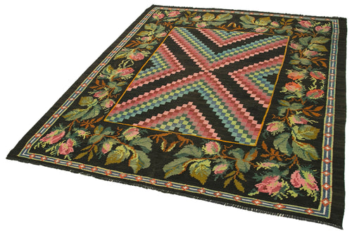 Moldovian Floral Black Floral Cotton Wool Goat Hair Handmade Rug 5'5'' x 6'4''