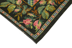 Moldovian Floral Black Floral Cotton Wool Goat Hair Handmade Rug 5'5'' x 6'4''