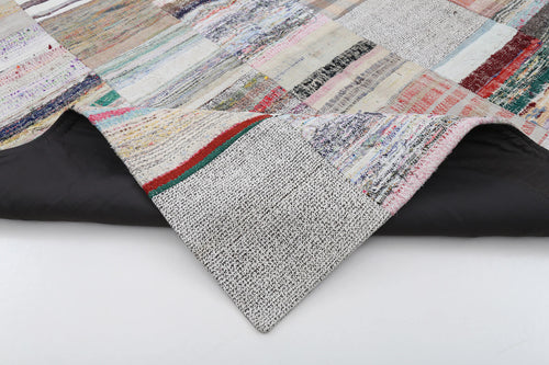 Handmade Area Rug - Beige Patchwork Wool Cotton Vintage Carpet 6'7"x9'11"