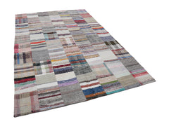 Handmade Area Rug | Beige Patchwork Cotton Wool Vintage Turkish Carpet 6'7"x9'10"
