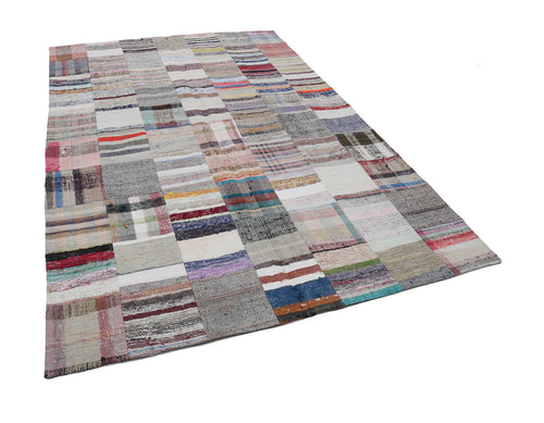 Handmade Area Rug | Beige Patchwork Cotton Wool Vintage Turkish Carpet 6'7"x9'10"