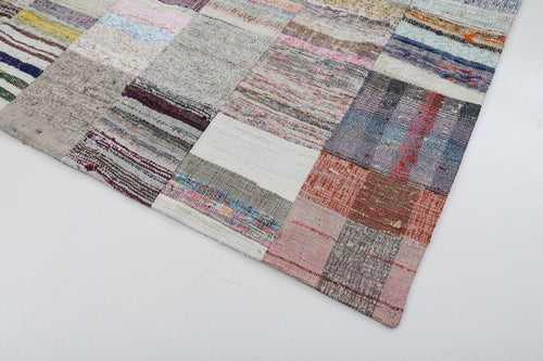 Handmade Area Rug | Beige Patchwork Cotton Wool Vintage Turkish Carpet 6'7"x9'10"