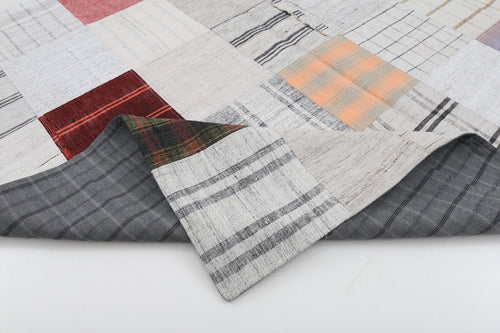 Handmade Area Rug – Beige Patchwork Vintage Wool Cotton Carpet 6'7" x 9'10"