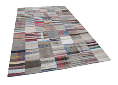 Handmade Area Rug - Kirk Yama Grey Patchwork Cotton Wool 6'7" x 9'11"