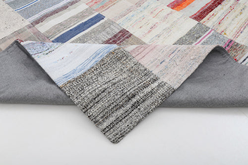 Handmade Area Rug in Beige Patchwork | Soft Texture Cotton Wool Rug for Living Room Floor Decor