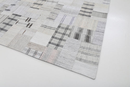 Handmade Area Rug - Beige Patchwork Cotton Wool Vintage Turkish Carpet 8'8" x 12'0"