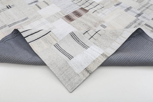 Handmade Area Rug - Beige Patchwork Cotton Wool Vintage Turkish Carpet 8'8" x 12'0"