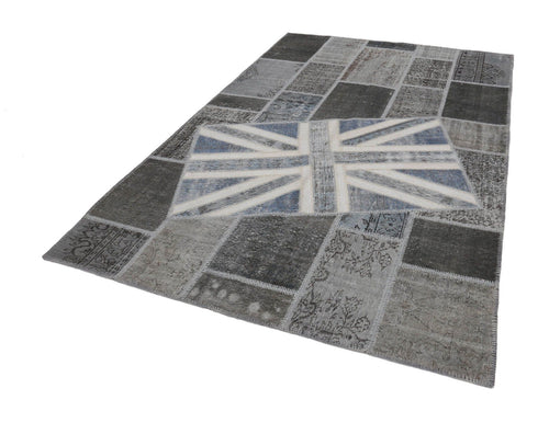 Flag Patchwork Grey Figured Cotton Wool Handmade Area Rug 6'7'' x 9'11''
