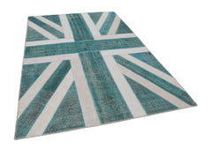 Flag Patchwork Turquoise Figured Cotton Wool Handmade Area Rug 6'8'' x 10'0''