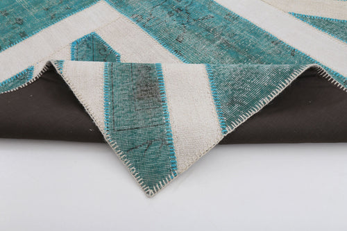 Flag Patchwork Turquoise Figured Cotton Wool Handmade Area Rug 6'8'' x 10'0''