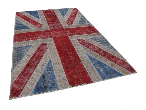 Flag Patchwork Blue Figured Cotton Wool Handmade Area Rug 6'7'' x 9'11''
