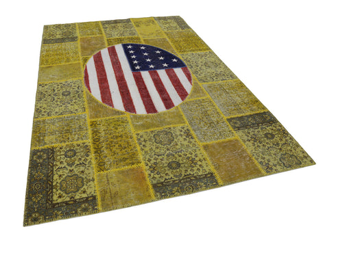 Flag Patchwork Yellow Figured Cotton Wool Handmade Area Rug 6'7'' x 9'11''