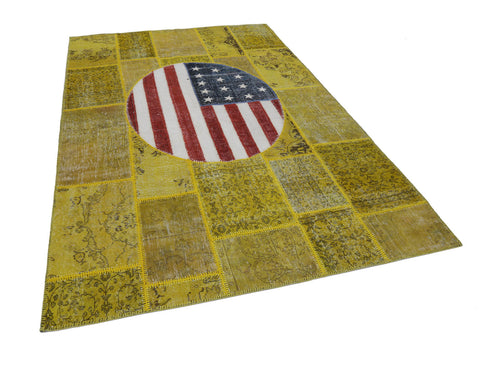 Flag Patchwork Yellow Figured Cotton Wool Handmade Area Rug 6'7'' x 9'11''