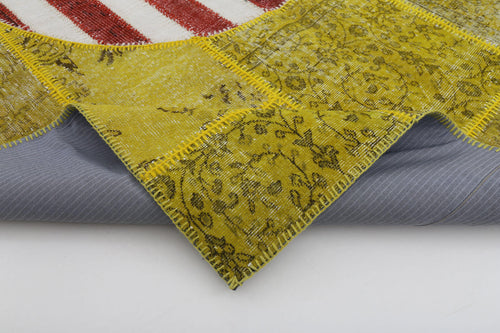 Flag Patchwork Yellow Figured Cotton Wool Handmade Area Rug 6'7'' x 9'11''