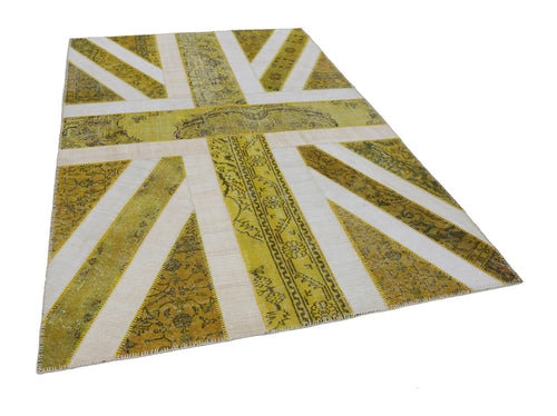 Flag Patchwork Yellow Figured Cotton Wool Handmade Area Rug 6'8'' x 9'11''