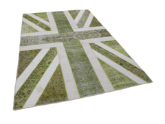 Flag Patchwork Green Figured Cotton Wool Handmade Area Rug 6'7'' x 9'10''