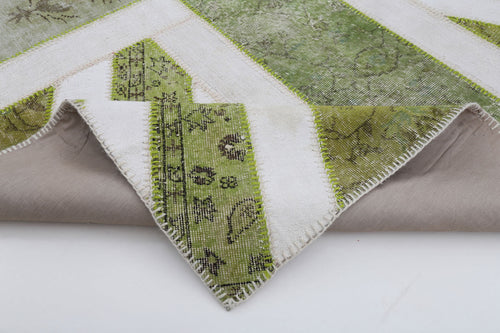 Flag Patchwork Green Figured Cotton Wool Handmade Area Rug 6'7'' x 9'10''