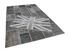Flag Patchwork Grey Figured Cotton Wool Handmade Area Rug 6'7'' x 9'11''