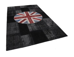 Handmade Area Rug – Black Figured Cotton Wool 6x10 Turkish Patchwork Carpet