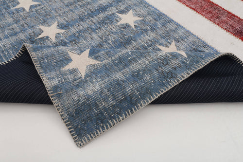 Flag Patchwork Blue Figured Cotton Wool Handmade Area Rug 6'8'' x 9'11''