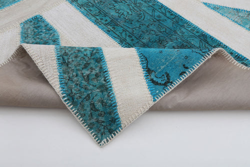 Flag Patchwork Turquoise Figured Cotton Wool Handmade Area Rug 6'3'' x 9'11''